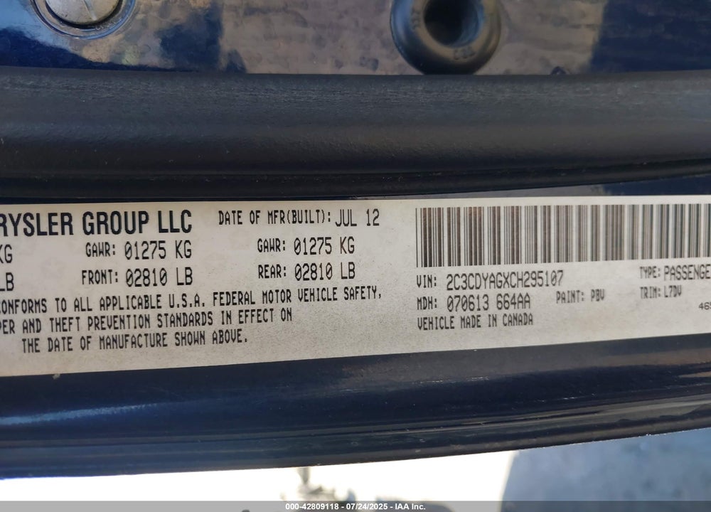 2012 DODGE CHALLENGER VIN: 2C3CDYAGXCH295107