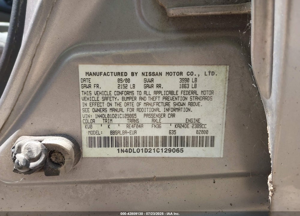 2001 NISSAN ALTIMA VIN: 1N4DL01D21C129065