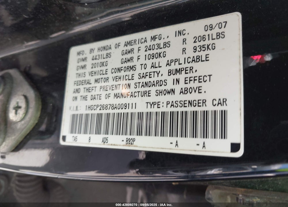 2008 HONDA ACCORD 2.4 EX-L VIN: 1HGCP26878A009111