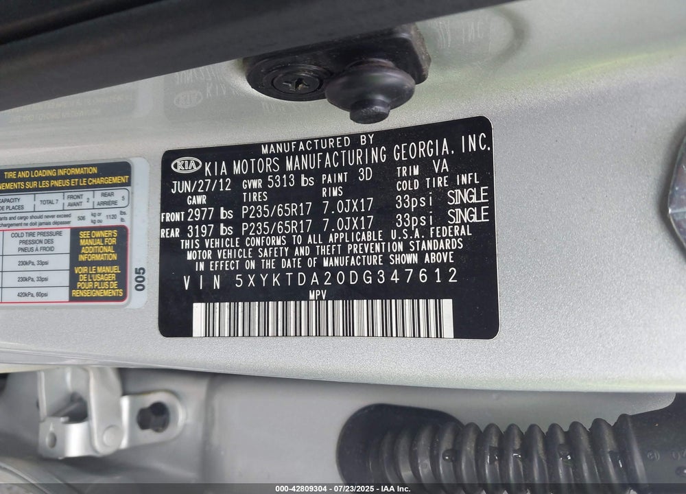 2013 KIA SORENTO VIN: 5XYKTDA20DG347612