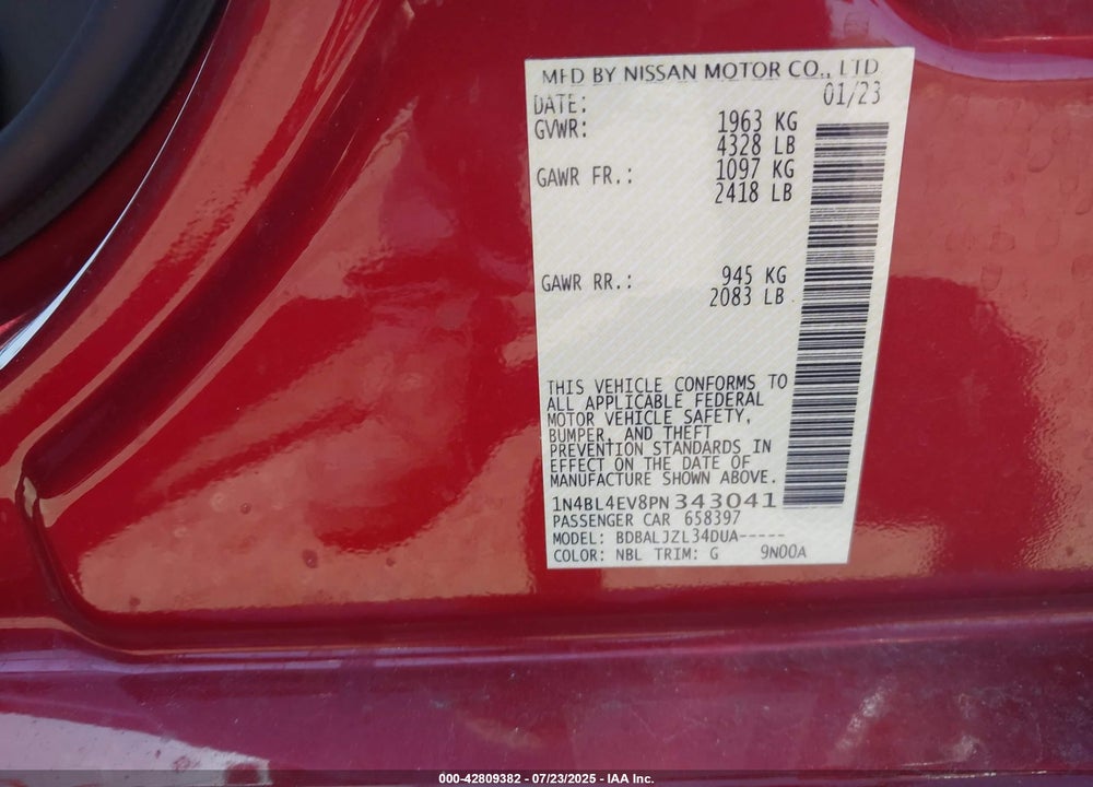 2023 NISSAN ALTIMA SL FWD VIN: 1N4BL4EV8PN343041