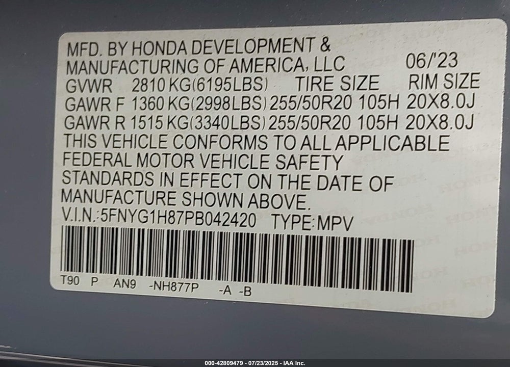 2023 HONDA PILOT VIN: 5FNYG1H87PB042420