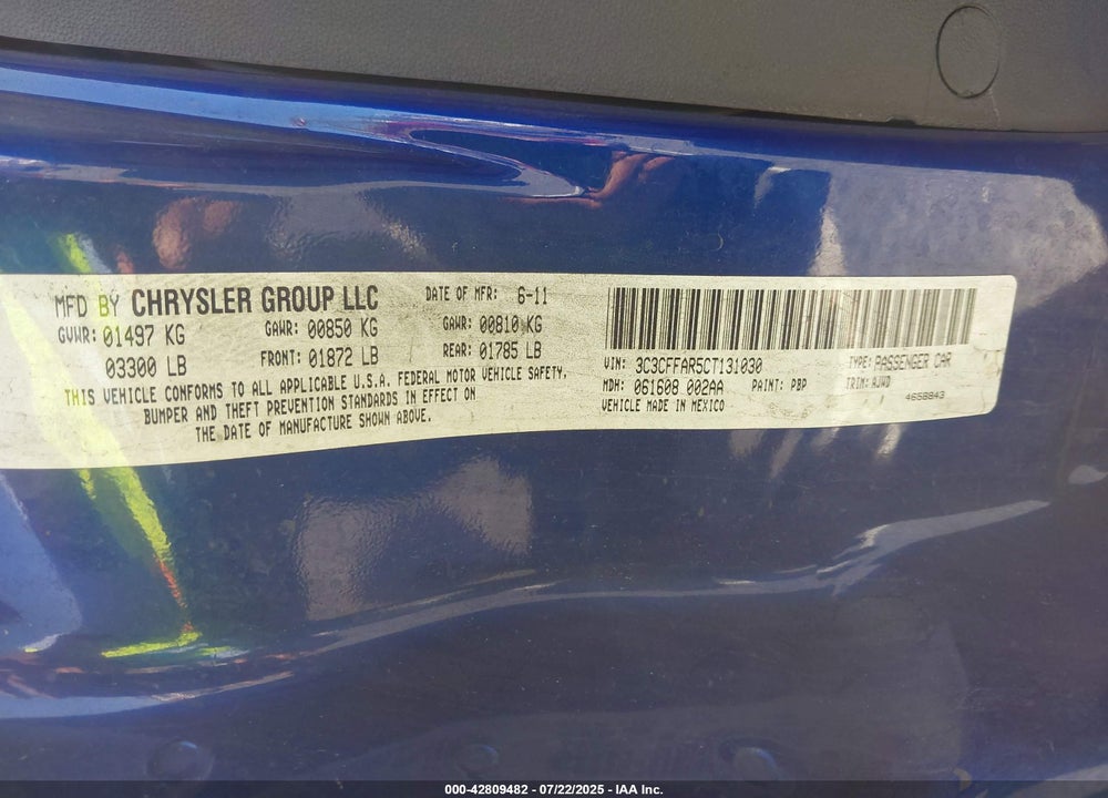 2012 FIAT 500 VIN: 3C3CFFAR5CT131030