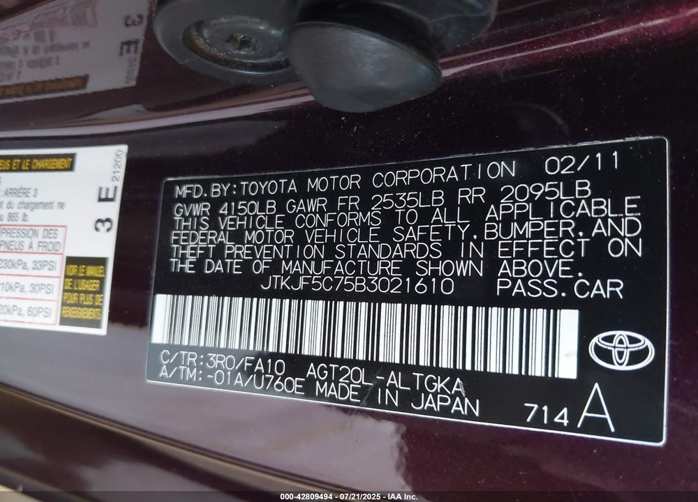 2011 SCION TC VIN: JTKJF5C75B3021610