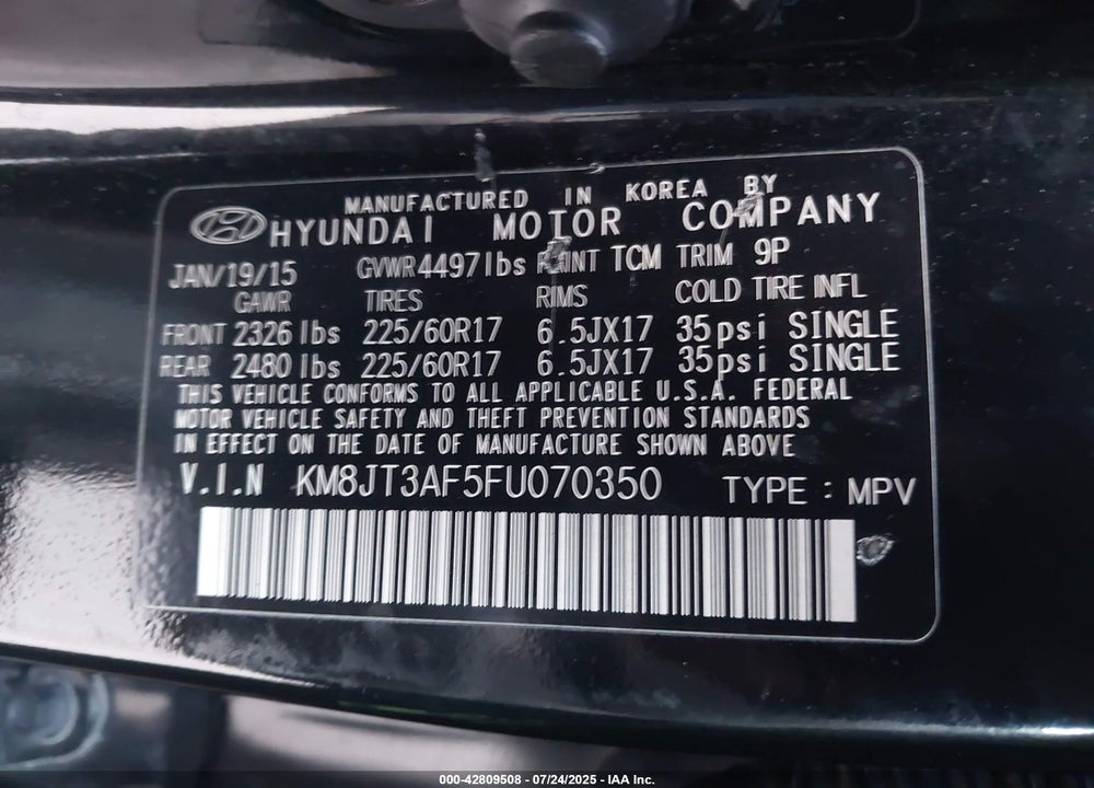 2015 HYUNDAI TUCSON GLS VIN: KM8JT3AF5FU070350