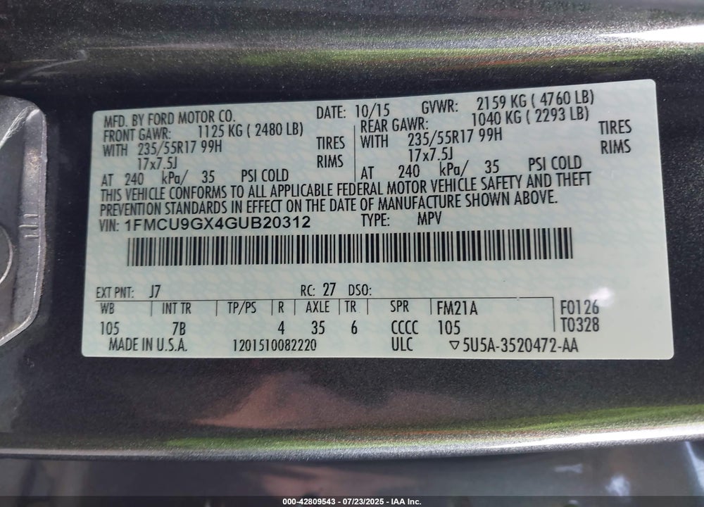 2016 FORD ESCAPE VIN: 1FMCU9GX4GUB20312