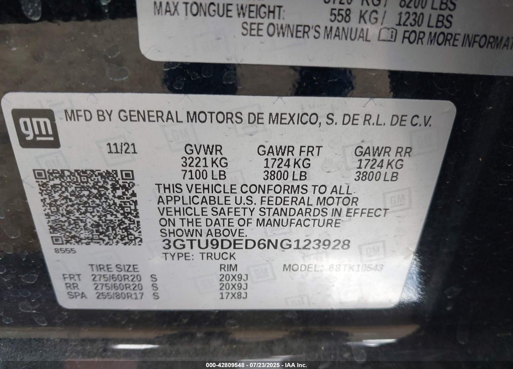 2022 GMC SIERRA 1500 LIMITED VIN: 3GTU9DED6NG123928