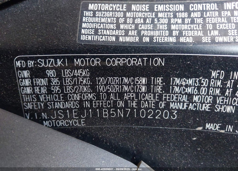 2022 SUZUKI GSX1300 RR VIN: JS1EJ11B5N7102203