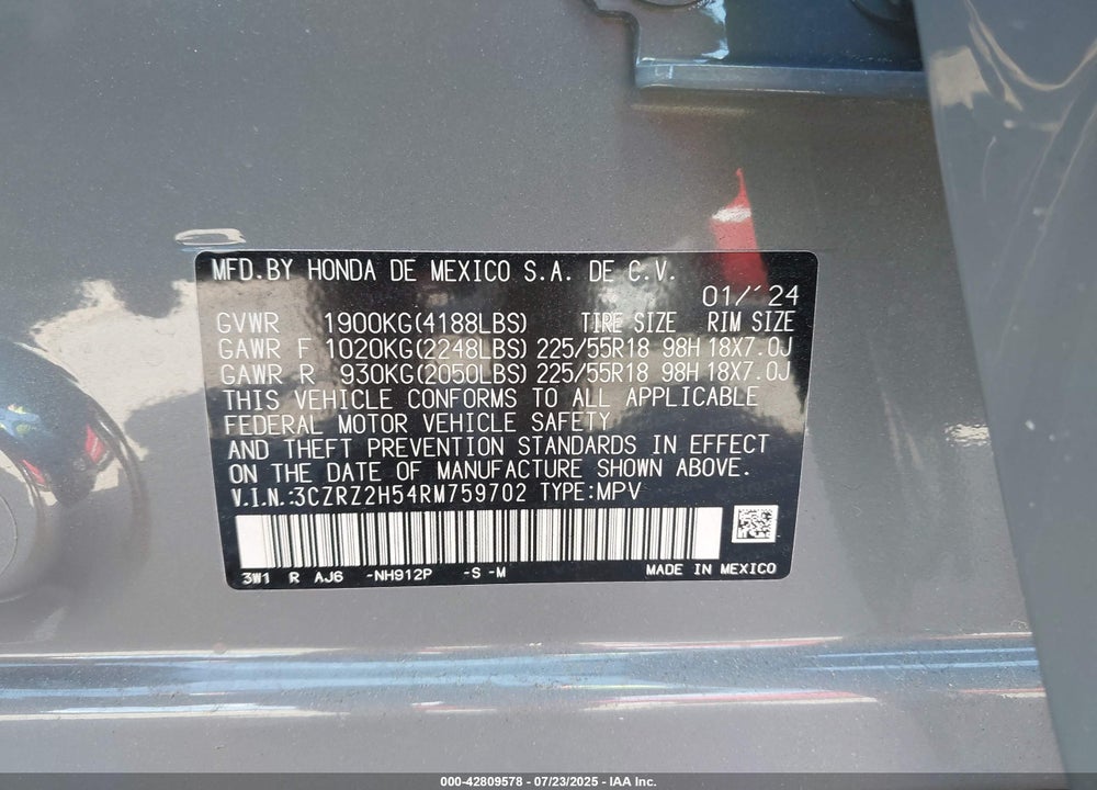 2024 HONDA HR-V VIN: 3CZRZ2H54RM759702