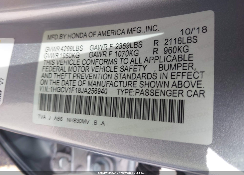 2018 HONDA ACCORD VIN: 1HGCV1F18JA256940