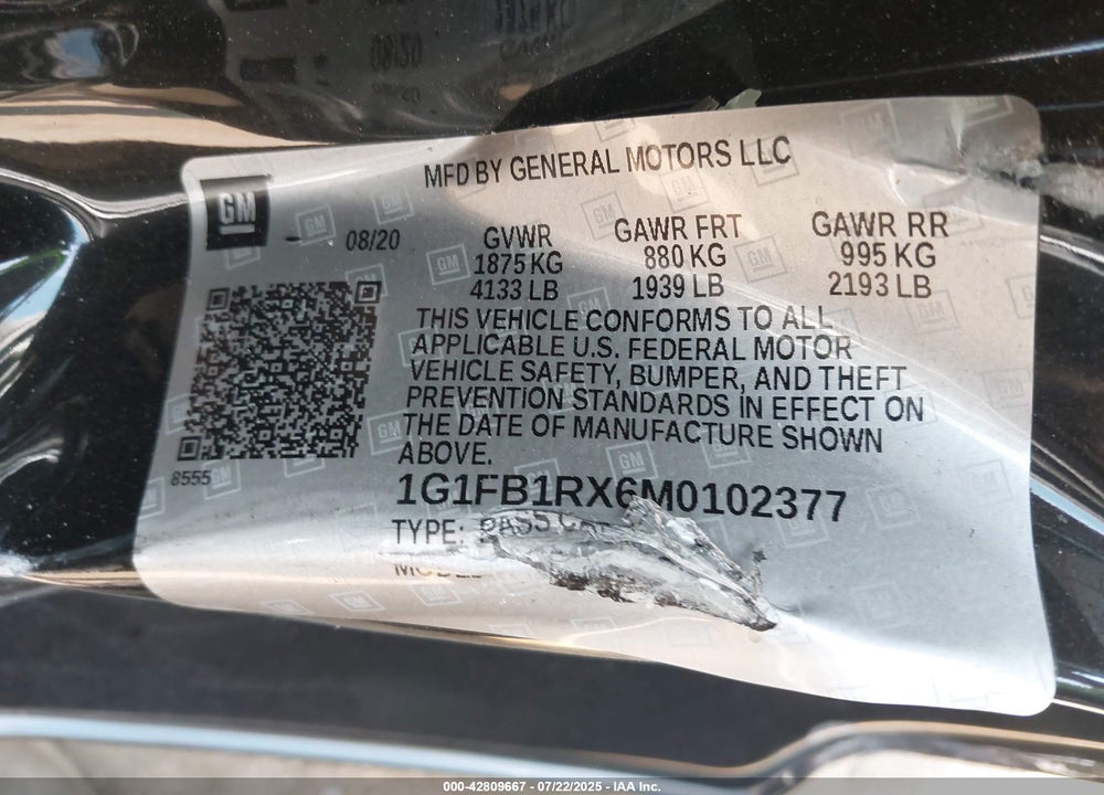 2021 CHEVROLET CAMARO VIN: 1G1FB1RX6M0102377