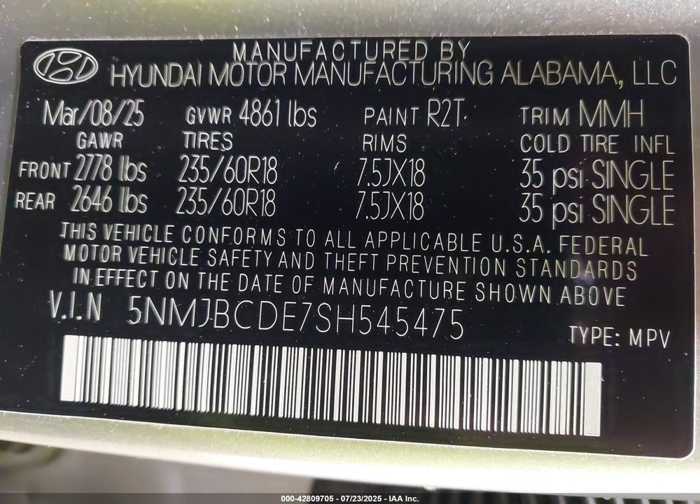 2025 HYUNDAI TUCSON VIN: 5NMJBCDE7SH545475