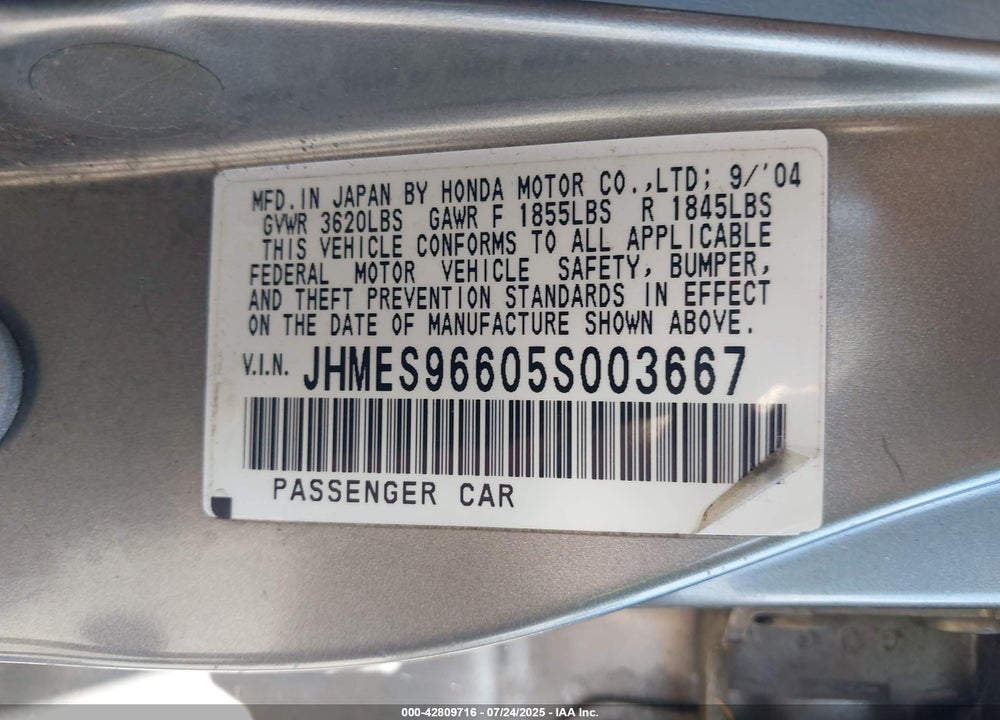 2005 HONDA CIVIC HYBRID VIN: JHMES96605S003667