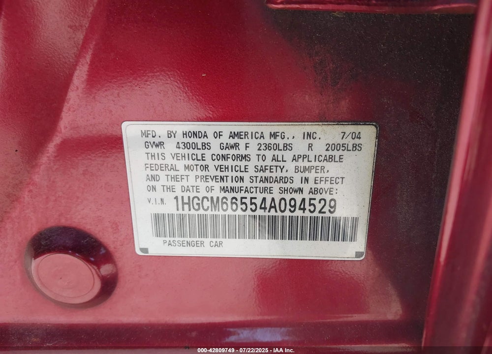 2004 HONDA ACCORD 3.0 EX VIN: 1HGCM66554A094529
