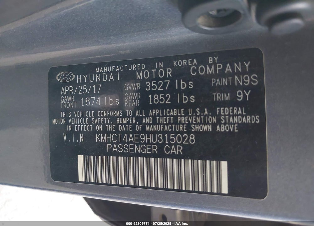 2017 HYUNDAI ACCENT VIN: KMHCT4AE9HU315028