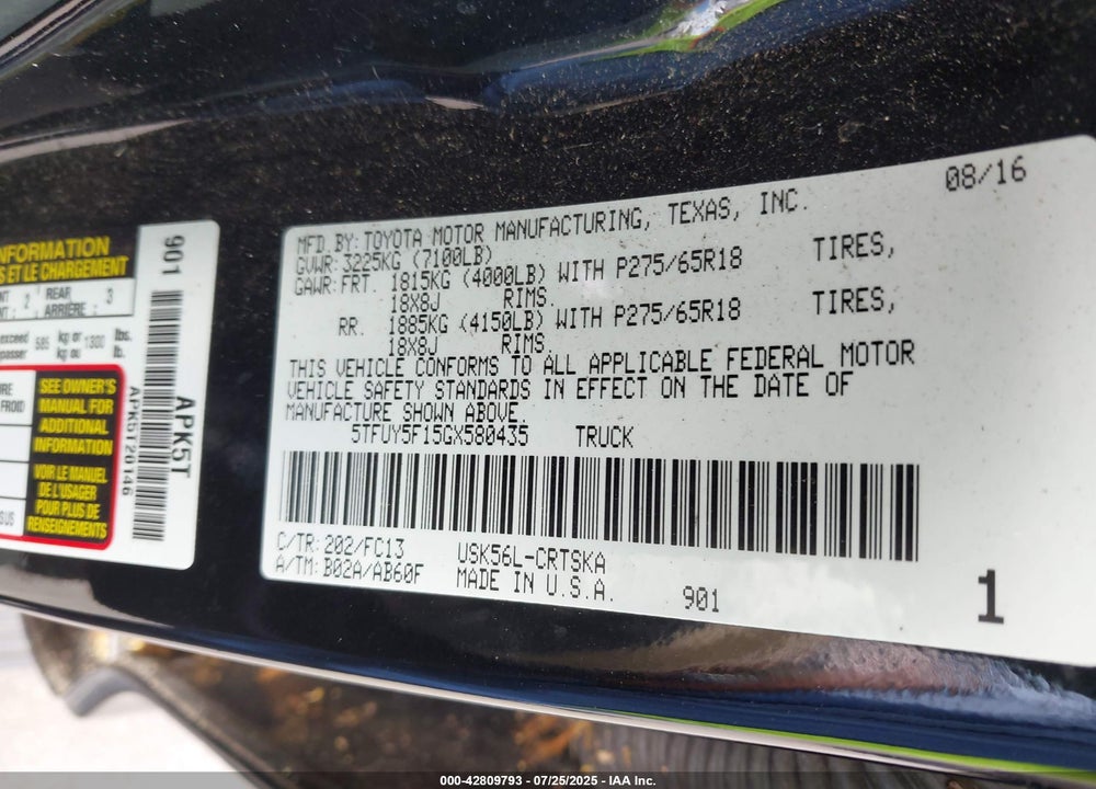 2016 TOYOTA TUNDRA VIN: 5TFUY5F15GX580435