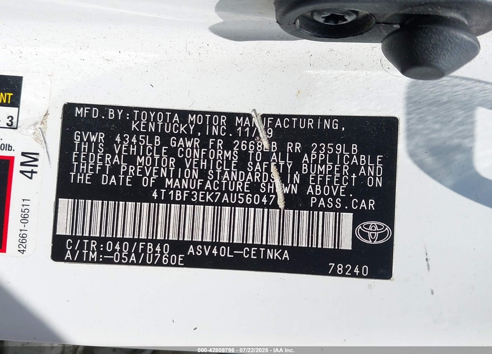 2010 TOYOTA CAMRY VIN: 4T1BF3EK7AU560476