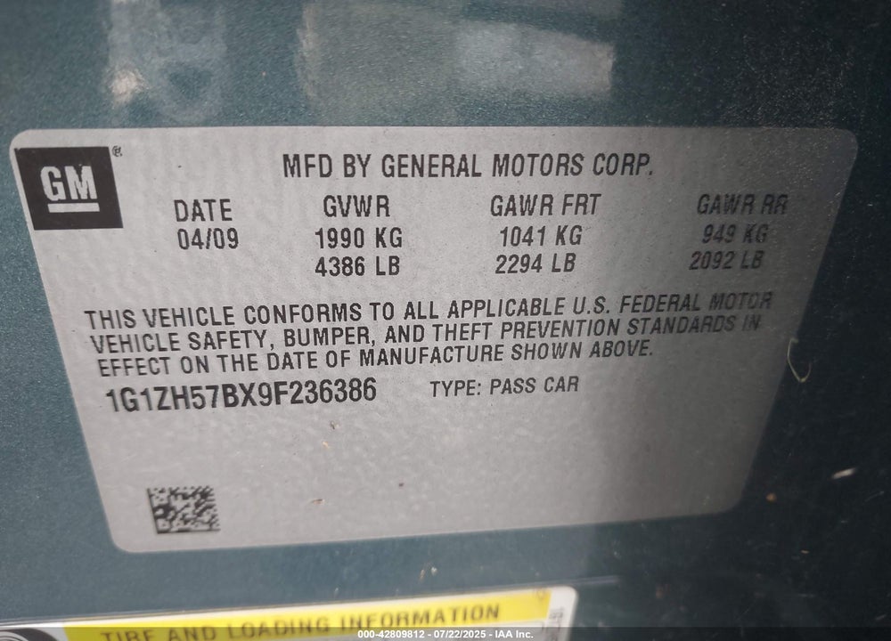 2009 CHEVROLET MALIBU VIN: 1G1ZH57BX9F236386