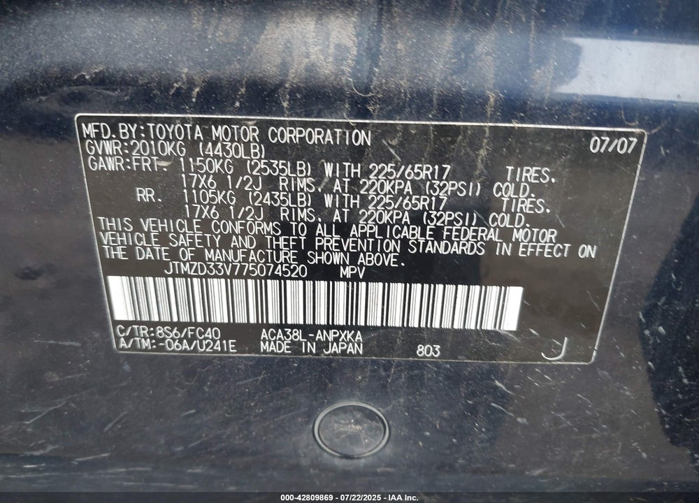 2007 TOYOTA RAV4 VIN: JTMZD33V775074520