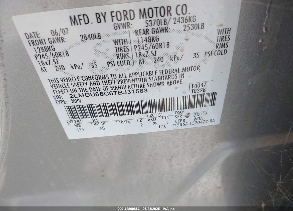 2007 LINCOLN MKX VIN: 2LMDU68C67BJ31563