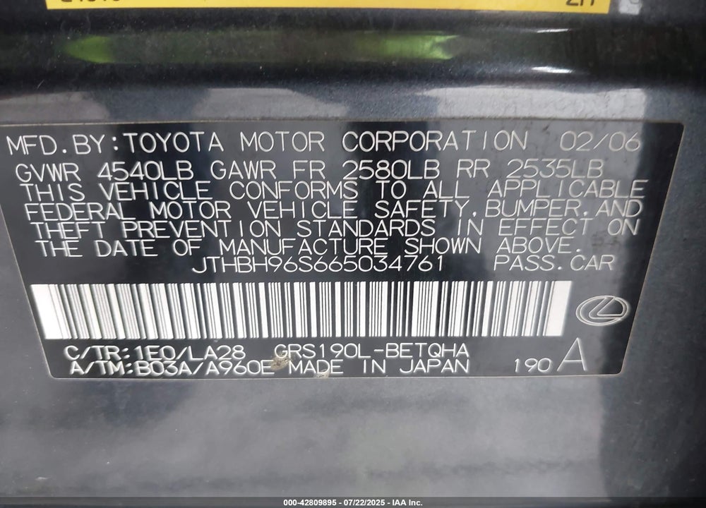 2006 LEXUS GS300 VIN: JTHBH96S665034761