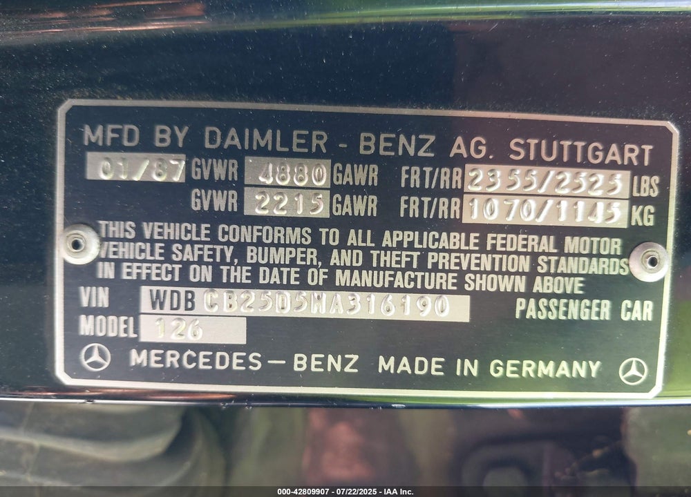1987 MERCEDES-BENZ 300 SDL VIN: WDBCB25D5HA316190
