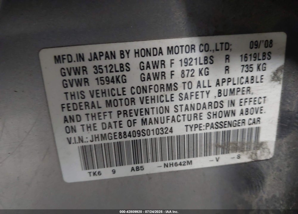 2009 HONDA FIT VIN: JHMGE88409S010324