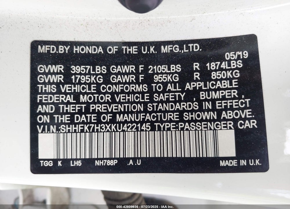 2019 HONDA CIVIC LX VIN: SHHFK7H3XKU422145