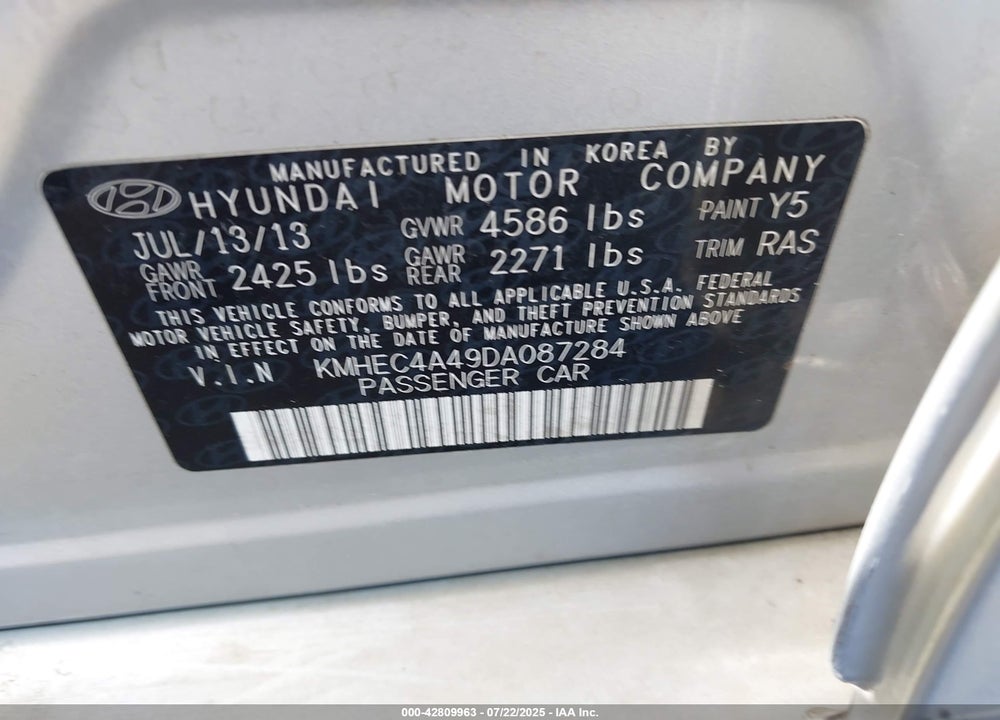 2013 HYUNDAI SONATA HYBRID VIN: KMHEC4A49DA087284