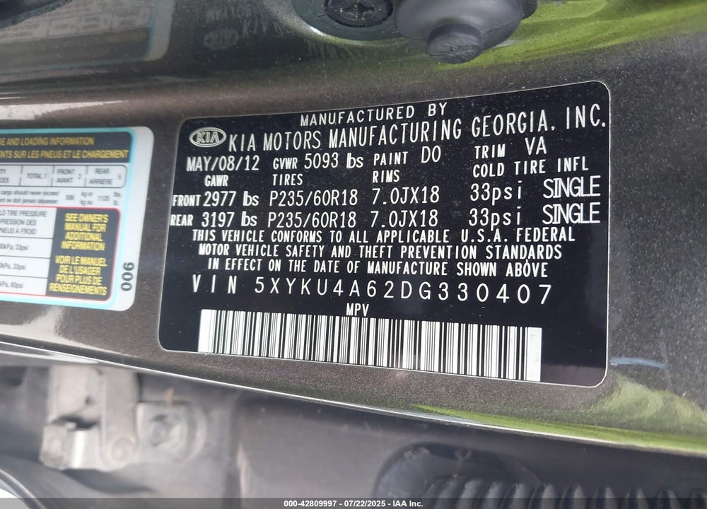 2013 KIA SORENTO VIN: 5XYKU4A62DG330407