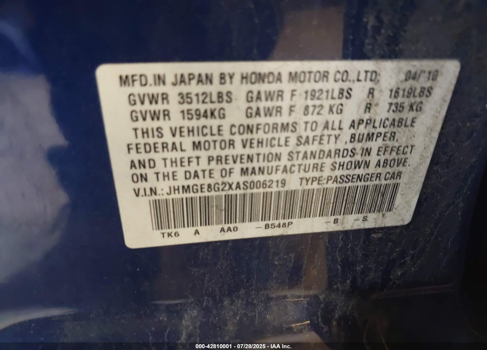 2010 HONDA FIT VIN: JHMGE8G2XAS006219