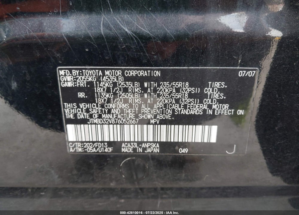 2007 TOYOTA RAV4 VIN: JTMBD32V876052667