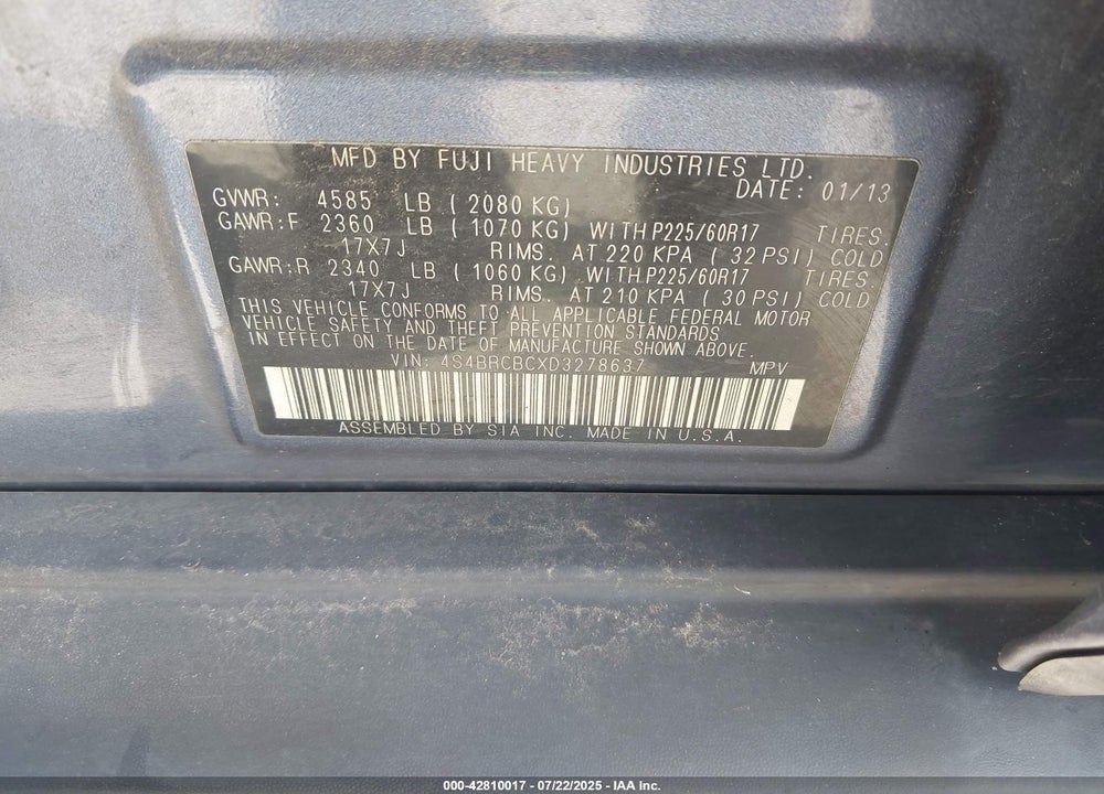 2013 SUBARU OUTBACK VIN: 4S4BRCBCXD3278637
