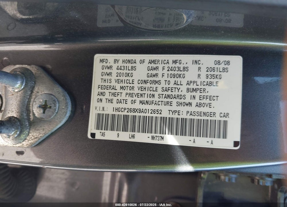 2009 HONDA ACCORD VIN: 1HGCP268X9A012652