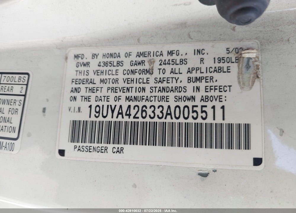 2003 ACURA CL VIN: 19UYA42633A005511