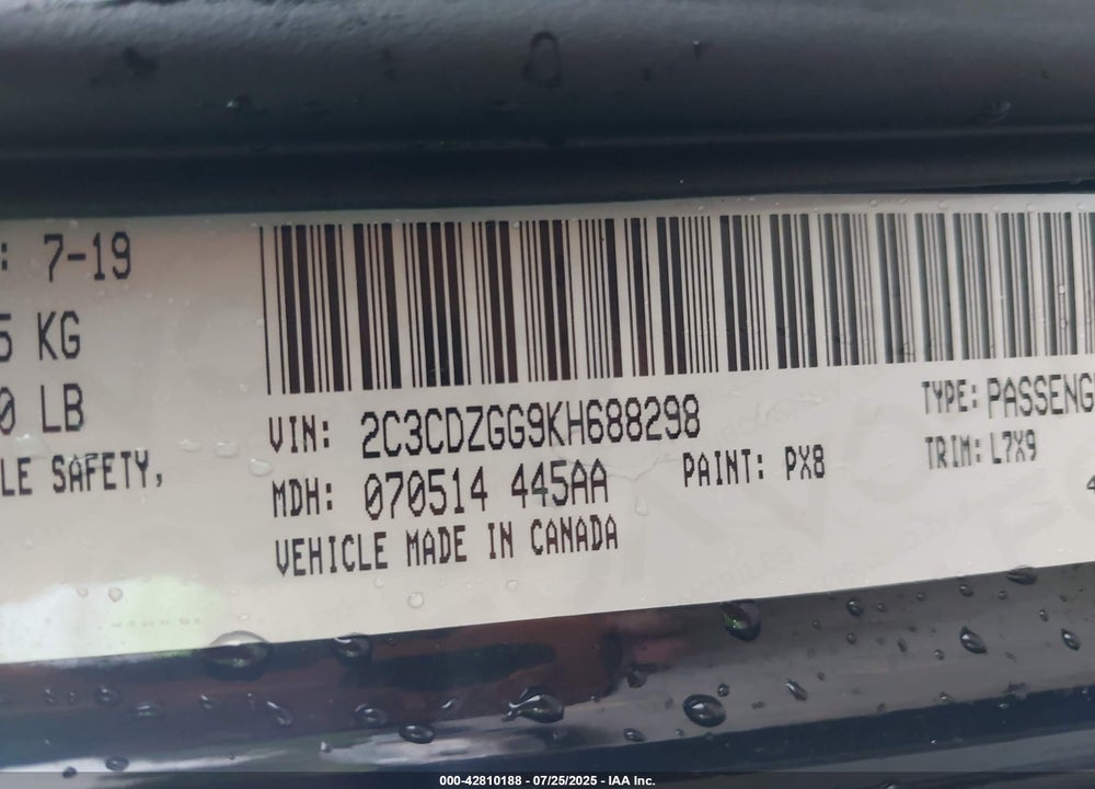 2019 DODGE CHALLENGER VIN: 2C3CDZGG9KH688298