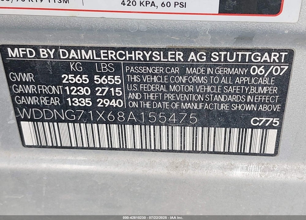2008 MERCEDES-BENZ S CLASS VIN: WDDNG71X68A155475