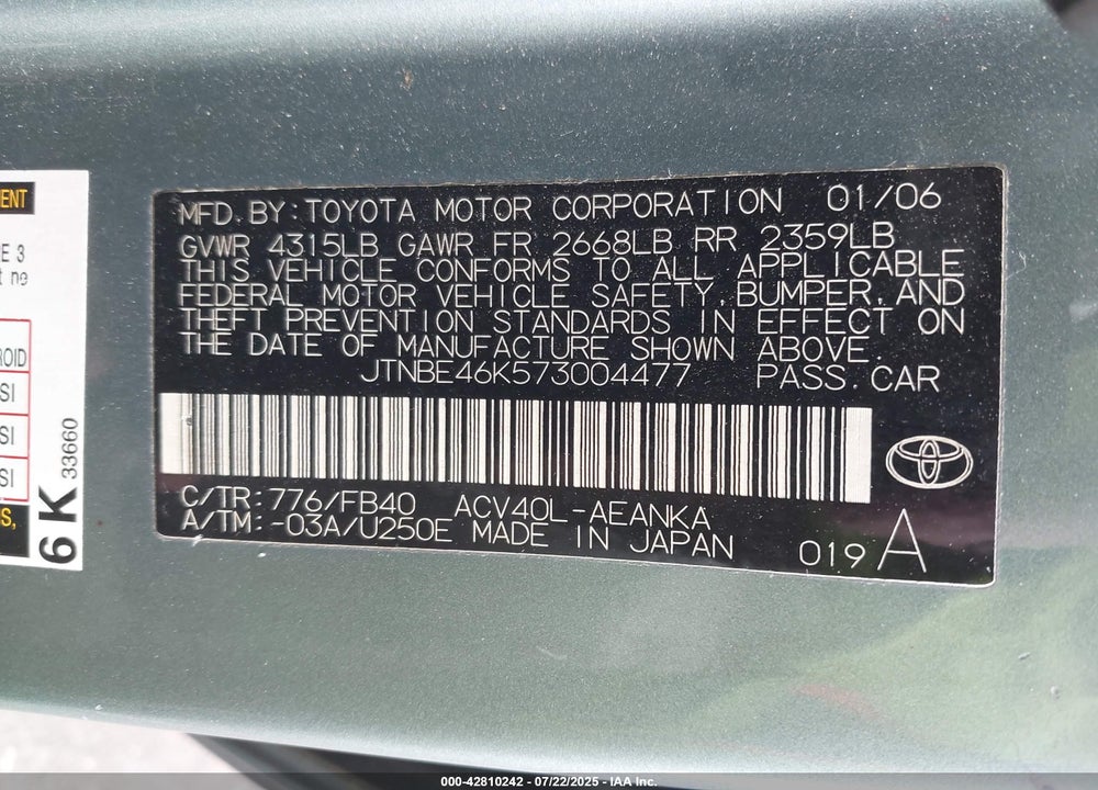 2007 TOYOTA CAMRY VIN: JTNBE46K573004477
