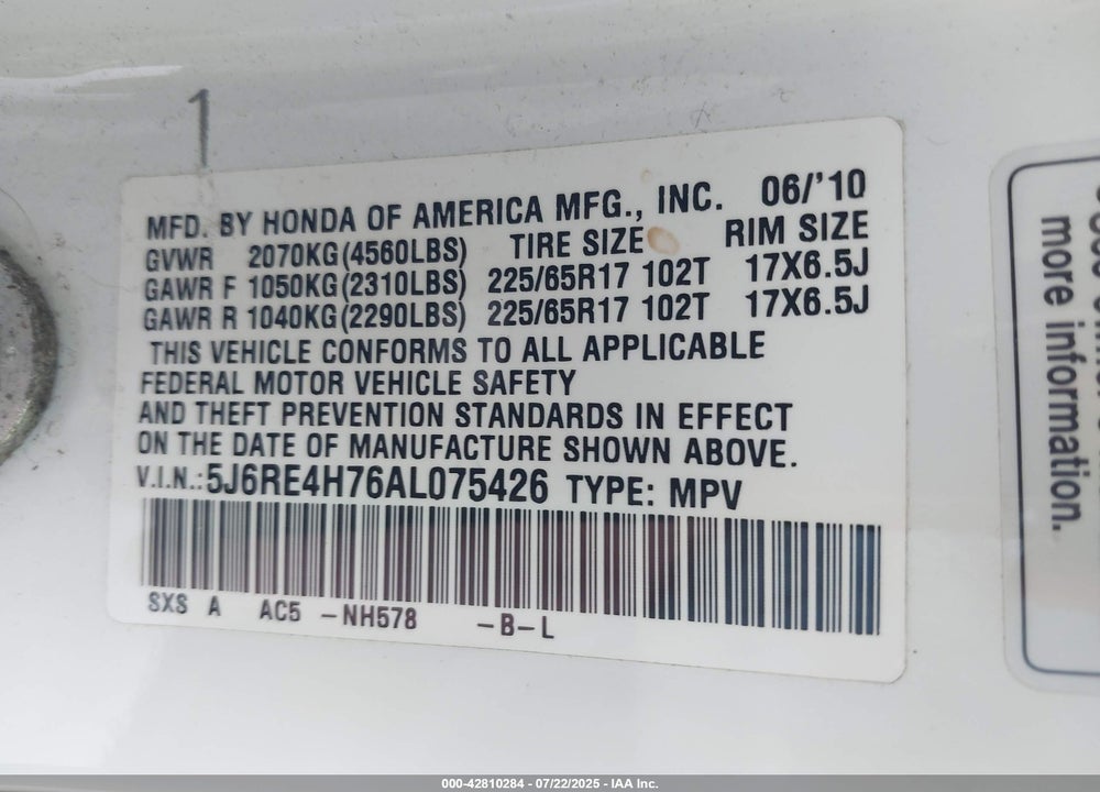2010 HONDA CR-V VIN: 5J6RE4H76AL075426
