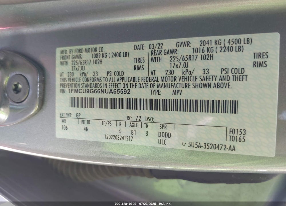 2022 FORD ESCAPE VIN: 1FMCU9G66NUA65592