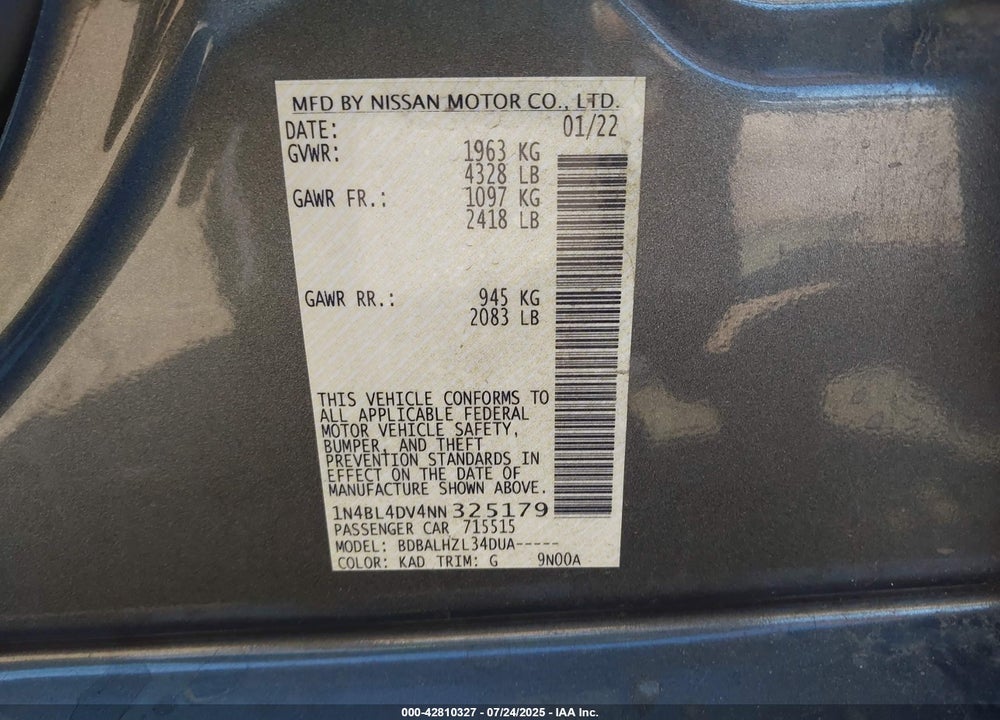 2022 NISSAN ALTIMA VIN: 1N4BL4DV4NN325179