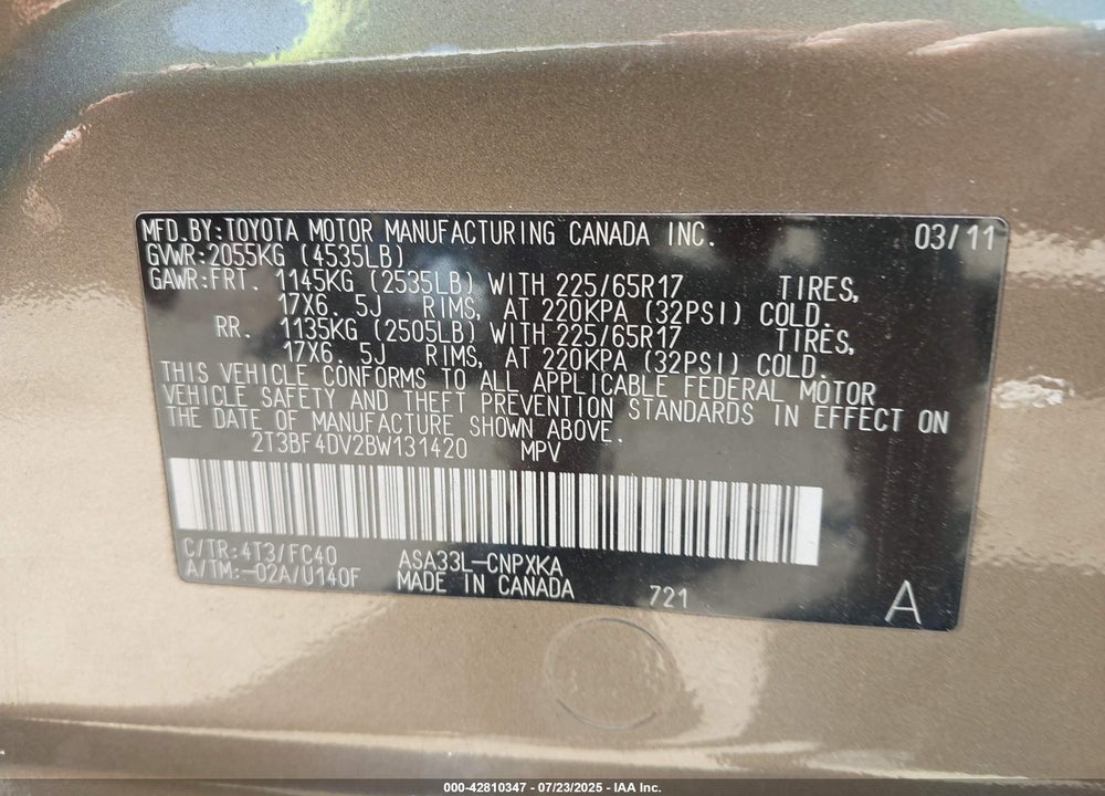 2011 TOYOTA RAV4 VIN: 2T3BF4DV2BW131420