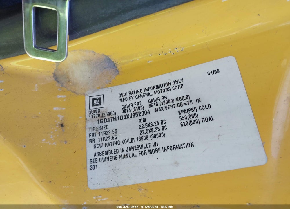 1999 GMC C-SERIES C7H042 VIN: 1GDJ7H1D3XJ852004