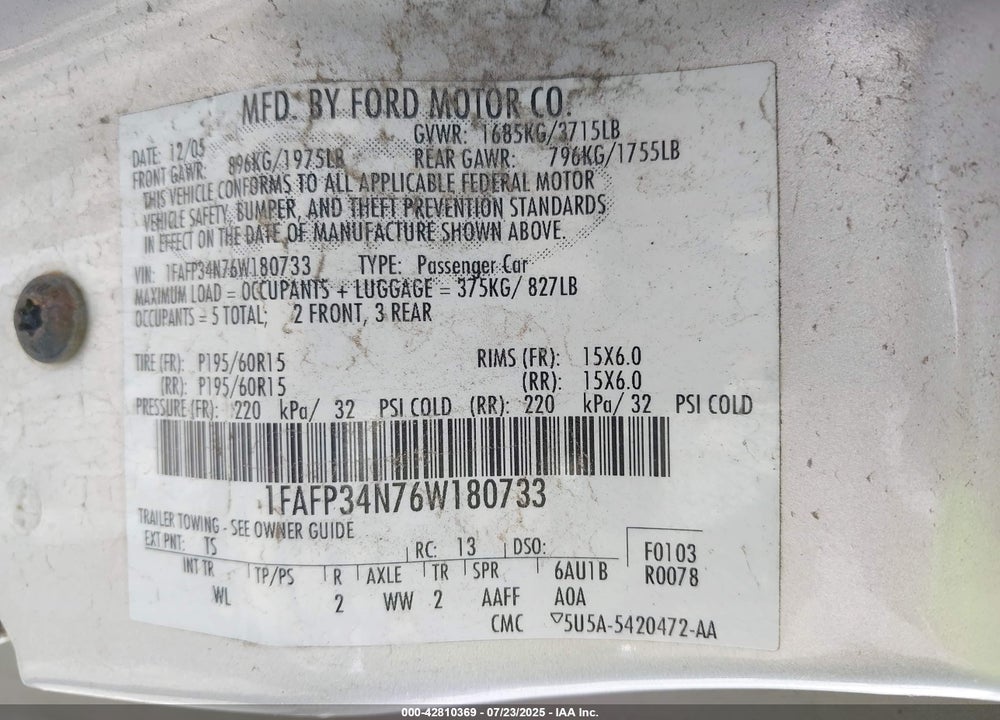 2006 FORD FOCUS VIN: 1FAFP34N76W180733