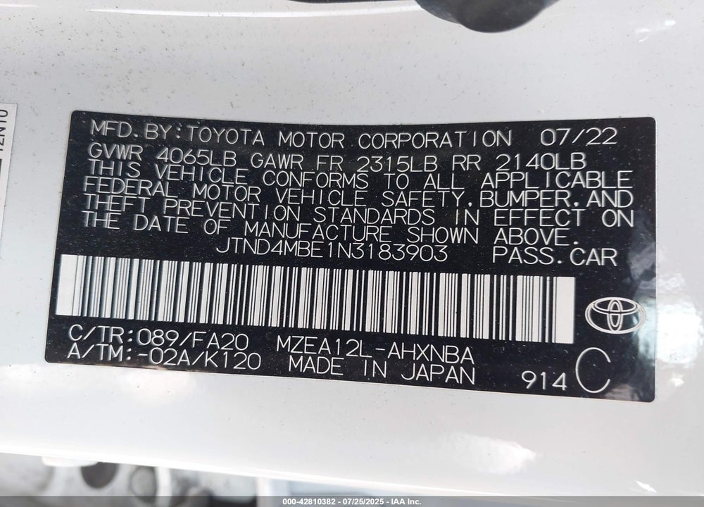 2022 TOYOTA COROLLA VIN: JTND4MBE1N3183903