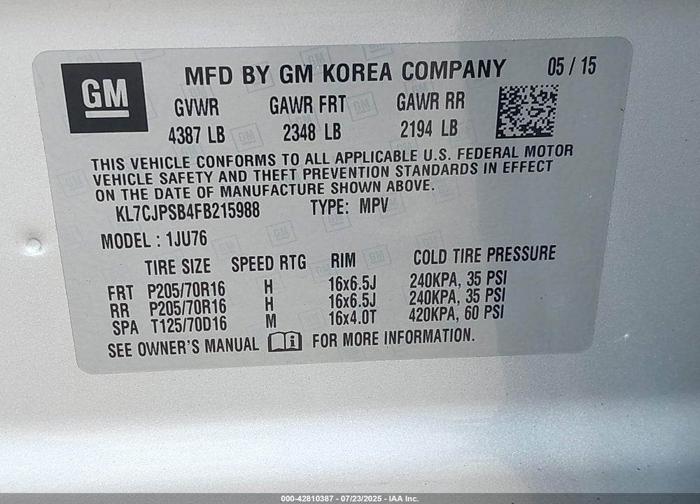 2015 CHEVROLET TRAX VIN: KL7CJPSB4FB215988