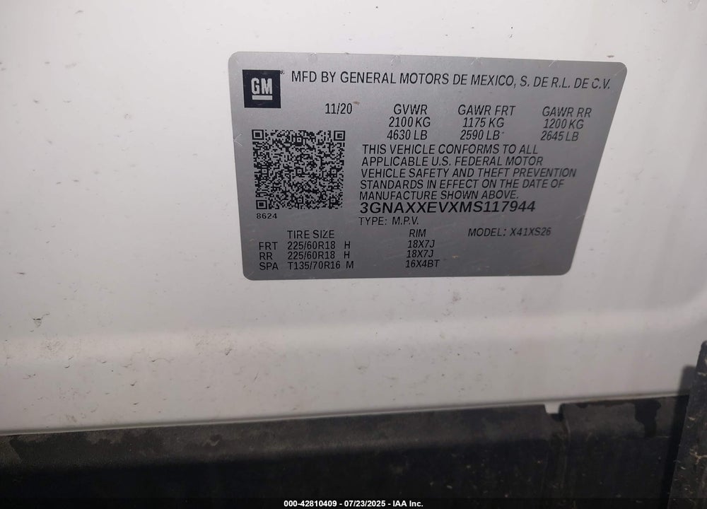 2021 CHEVROLET EQUINOX VIN: 3GNAXXEVXMS117944