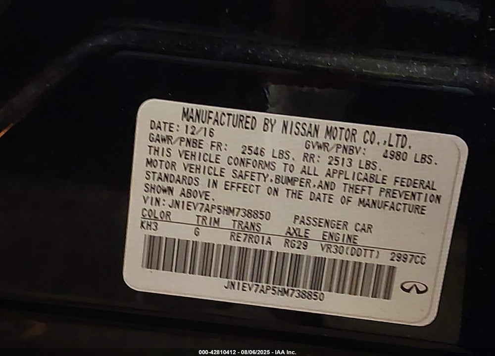2017 INFINITI Q50 3.0T PREMIUM VIN: JN1EV7AP5HM738850