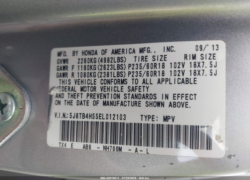 2014 ACURA RDX VIN: 5J8TB4H55EL012103