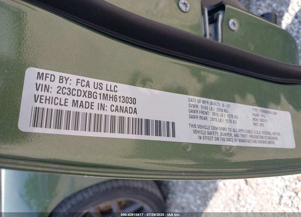 2021 DODGE CHARGER VIN: 2C3CDXBG1MH613030